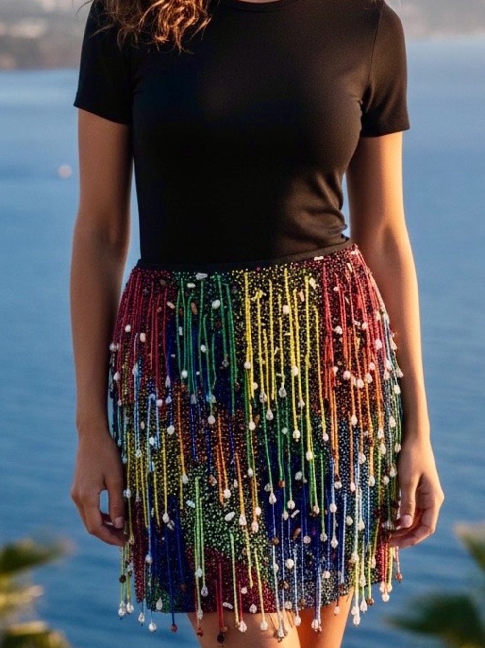 Beaded Rainbow Fringe Mini Skirt - Multicolor stretch fabric NWT size SM